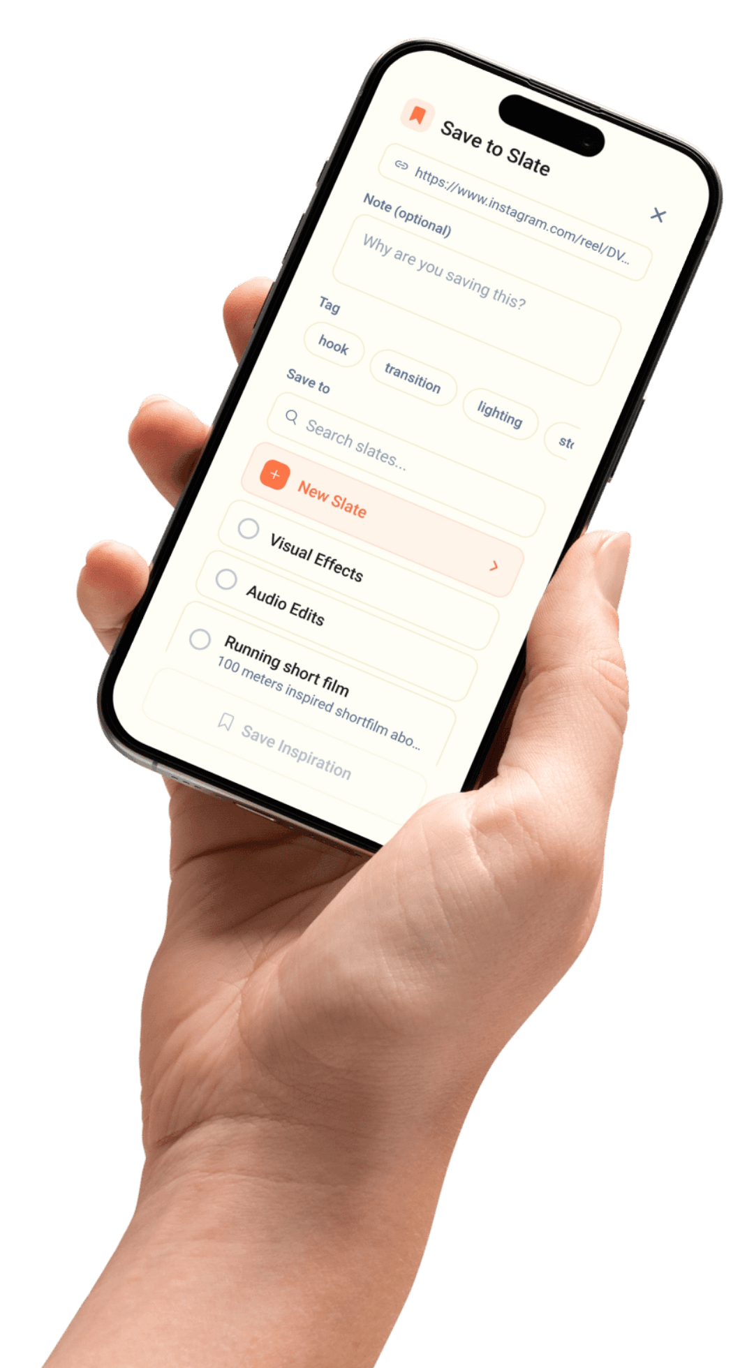 Hand holding phone showing Slates share screen